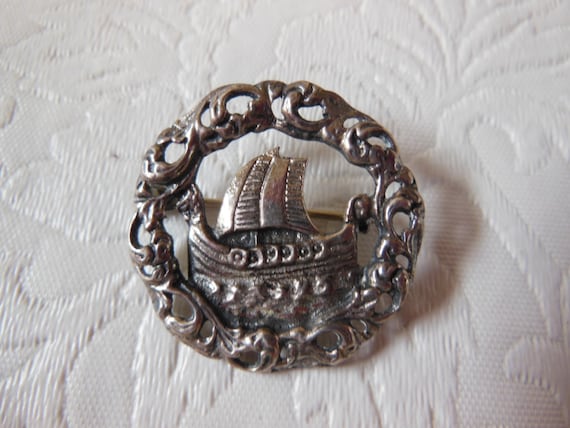 Vintage Silver 830 S Viking Ship Pin Gem