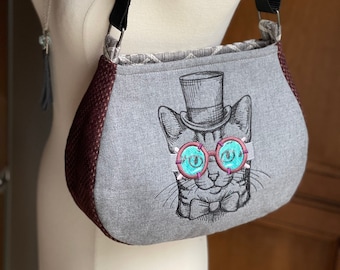 STEAMPUNK BAG with Embroidered Cat with Goggles, Handbag & Shoulder Bag, Fixed or Adjustable Strap, Reclaimed Fabrics, Eco-Friendly