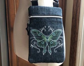 Vintage Bohemian Moths illustration Magnetic Closure Inside pocket Hobo Sling Tote Crossbody Strap 14.5x14x3