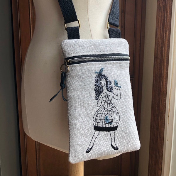 Kleine Crossbody Reißverschluss Tasche mit bestickten Vogelkäfig Mädchen - Mini Hobo Tasche - Gothic Beutel - Handytasche - Upcycled - umfunktioniert - kleine Tasche