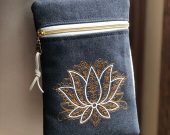 Crossbody Zipper Bag with Embroidered Lotus Flower - Mini Hobo Bag - Phone Case - Sunglass Case - Upcycled - Repurposed - Small Pouch