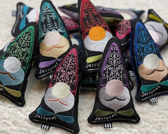 GNOME CAT TOY with Refillable Pocket, "Gnomie on a Stick" with All-Natural Catnip sample, Handcrafted Pet Toy, Recycled Fabric, Eco-Friendly