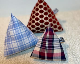 HANDMADE CATNIP Toy-Triangular Pyramid Shaped Cat Toy with All-Natural Catnip, Tetra, Tetrahedron, Reclaimed Fabric, Set of 3 or 6