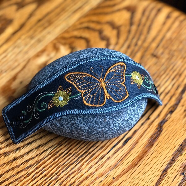 LEATHER CUFF, EMBROIDERED, Upcycled Black Leather Cuff with Monarch Butterfly, Boho Bracelet, Trendy, Adjustable, Repurposed, Eco-Friendly