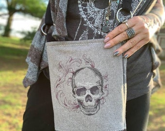 Made to Order SKULL EMBROIDERED BAG - Skull Crossbody Bag - Hobo Bag - Gothic Bag - Repurposed Fabrics - Eco Friendly
