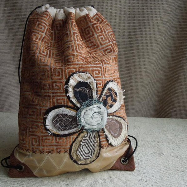 DRAWSTRING BACK PACK Cinch Sack - Recycled Bag - Upcycled Bag - Repurposed Fabrics - Bohemian - Shabby Chic - Appliqued - Eco Friendly