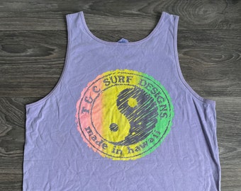 T&C Town Country Tank Top 80s Vintage Neon Rainbow Yin Yang Hawaii Purple Muscle Surf Shirt USA Made Medium/Large