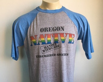 Vintage OREGON NATIVE Shirt 1981 80's Jersey Tee Rainbow Super Soft & Thin Endangered Species Baseball Super Shirts UsA XL