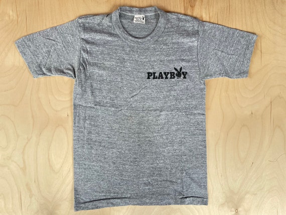 Playboy Tee Vintage 70s Flocked Heather Grey Tri Blend Rayon