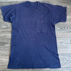 Vintage Blank Tee 80s Navy Blue Basic Dock Pocket Shirt Plain Tshirt Single Stitch Medium
