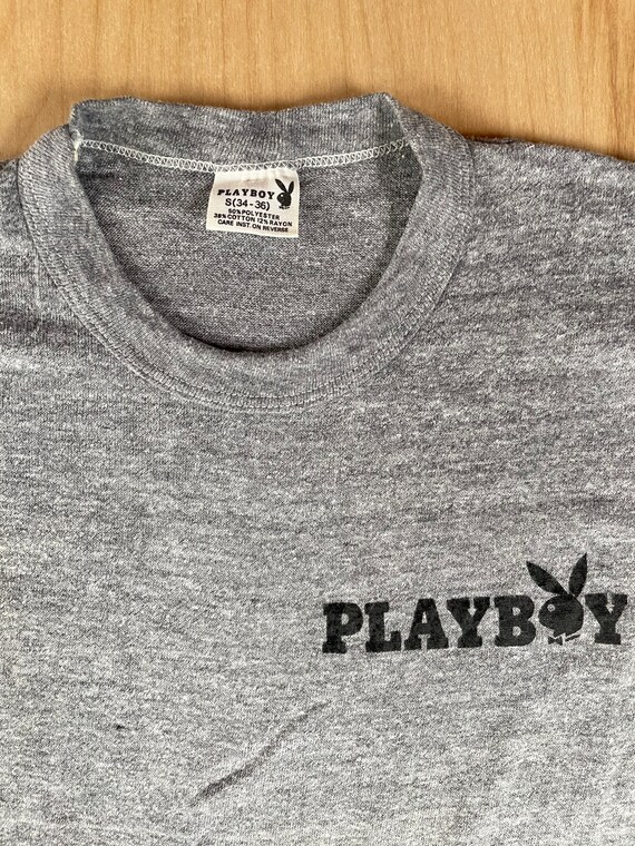 Playboy Tee Vintage 70s Flocked Heather Grey Tri Blend Rayon Shirt
