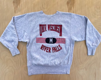 Champion Reverse Weave Crew Neck Sweatshirt 90s Vintage UW River Falls Gusset Stitch Pullover Sweater USA Size Medium