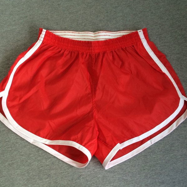 80's NYLON SHORTS Vintage Originals/ UNWORN Deadstock High-Waisted Sexy Gym Workout Shorts/ Red UsA Made Mint! Small