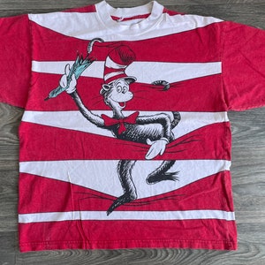 Dr. Seuss The CAT In The HAT Shirt 90's Vintage Universal Studios Rot & Weiß gestreift All Over Print T-Shirt Größe L / XL