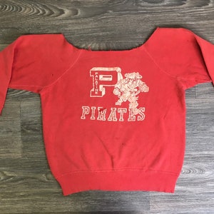50s Vintage Sweatshirt PALATINE ILLINOIS PIRATES Sweater Flocked Graphic Distressed 100% Cotton Classic Raglan Men Sm Women Med UNiQUE!