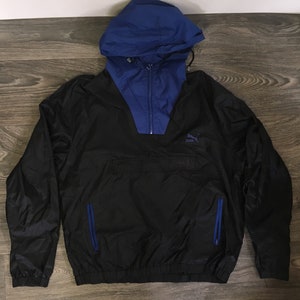 Puma Windbreaker Vintage Hooded Quarter Zip Jacket Black Blue Nylon Rare Running Workout Street Style Fashion Coat Large image 5