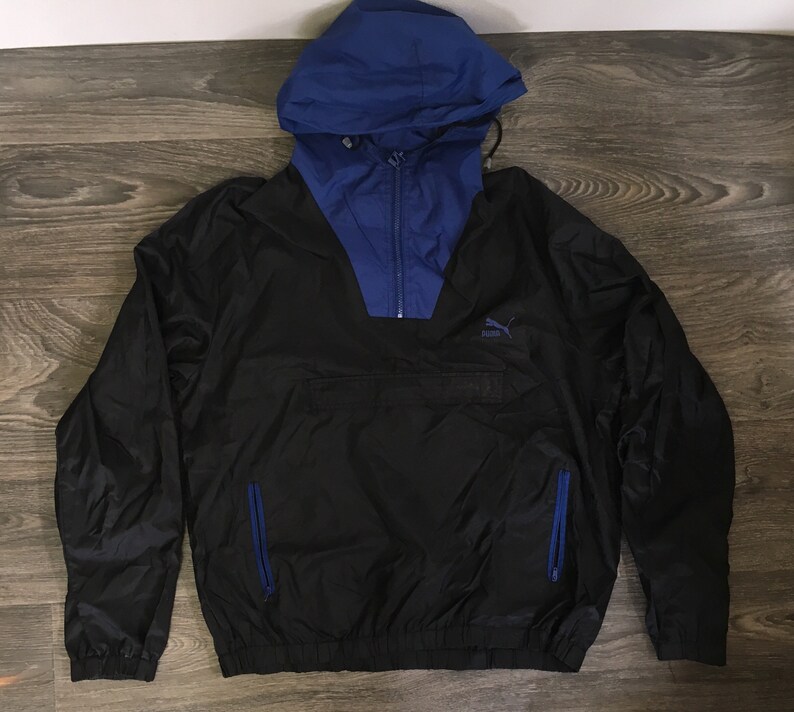 Puma Windbreaker Vintage Hooded Quarter Zip Jacket Black Blue Nylon Rare Running Workout Street Style Fashion Coat Large image 5