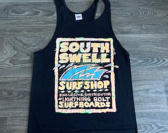 South Swell Surf Shop Tank Top 80s Vintage Lightning Bolt Surf Boards Neon Black Single Stitch USA Made Medium