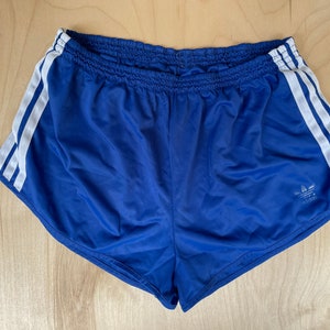 Adidas Sprinter Shorts trefoil Vintage 80s satin 3 stripe Gym Sprint Running Blue  Trefoil 3 Stripe Workout Race Size Medium /Large