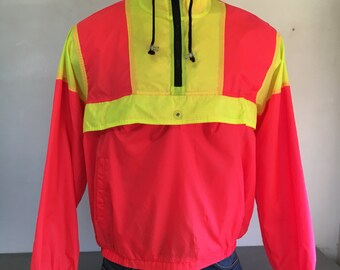 Veste OCEAN PACIFIC vintage des années 80 / Pull coupe-vent OP rose fluo Orange jaune color block / Plage de surf en nylon avec fermeture éclair 1/4