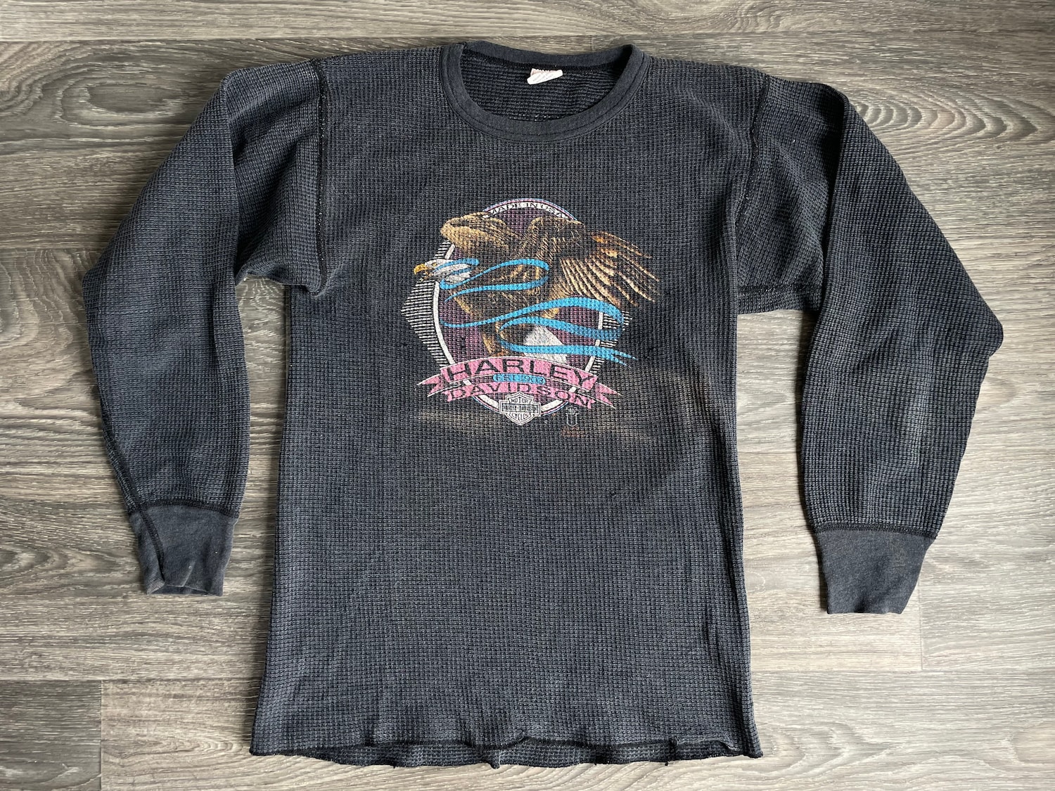 Harley Davidson Shirt 80's Vintage Long Sleeve Thermal Waffle Long Johns Eagle 3D Emblem USA Made RARE! Small