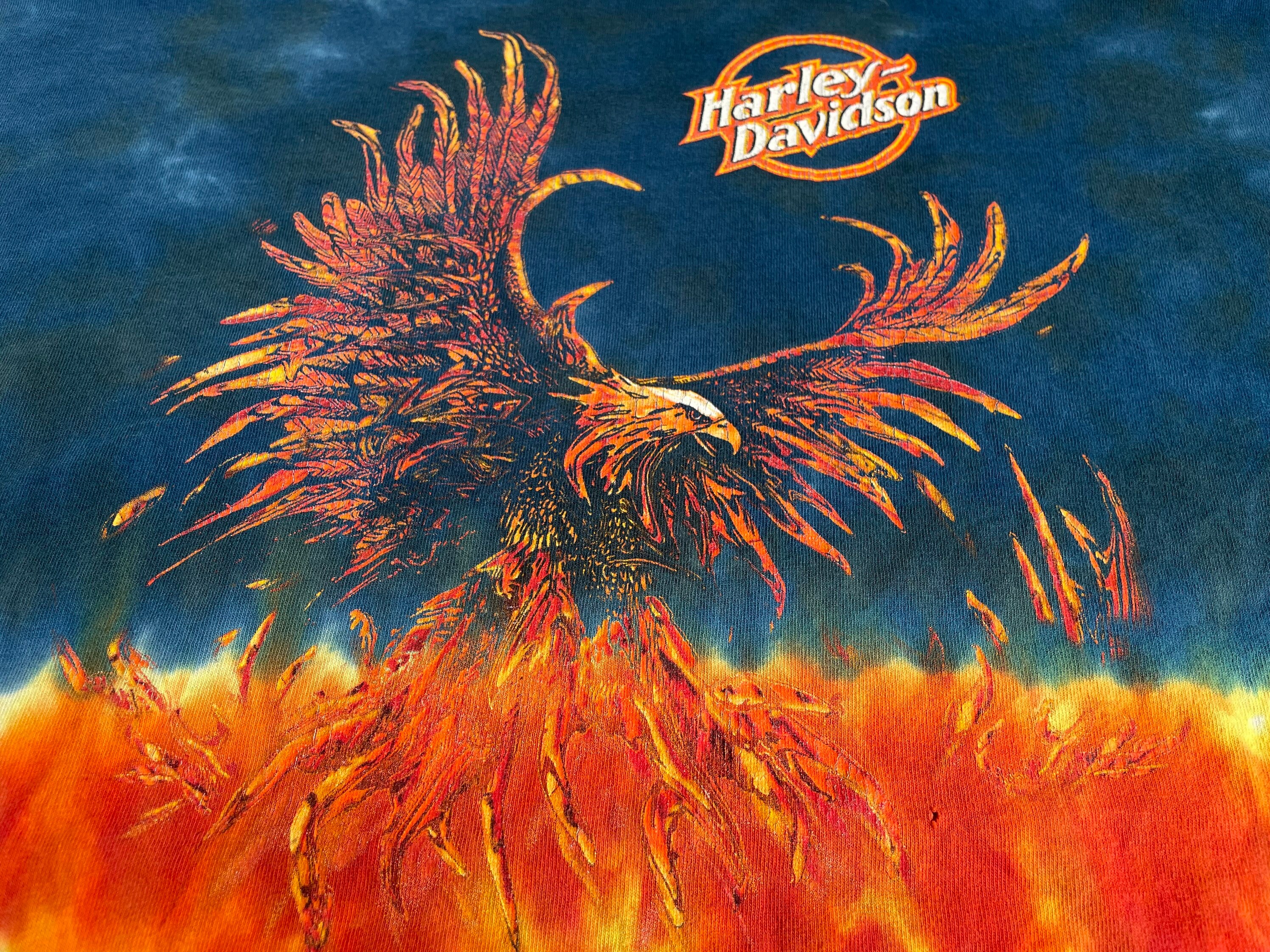 Harley Fire AOP Shirt Vintage Tie Dye Flames Eagle Phoenix Tshirt 