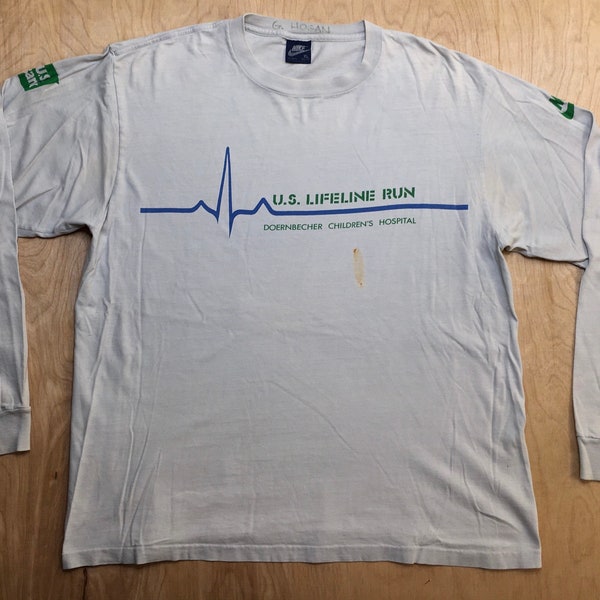 Nike shirt vintage 80s blue tag u.s. lifeline race run long sleeve distressed tee Doernbechers children’s hospital Portland Oregon
