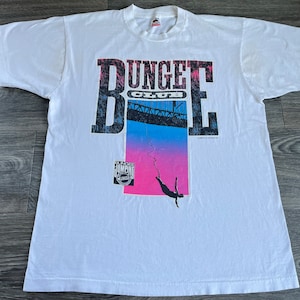 Bungee Jumping shirt extreme sports vintage 90s mega print action scene multi color Bungee club Tee Size XL