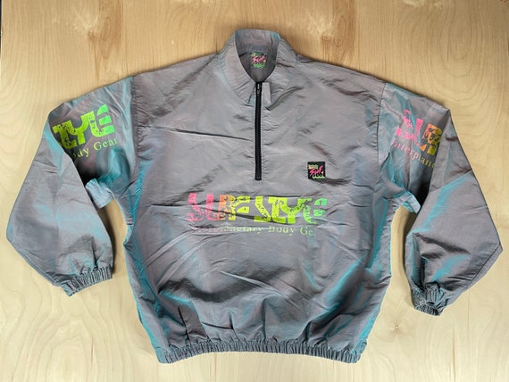 SURF STYLE WINDBREAKER 90s Vintage Green/pink Iridescent Interplanetary  Body Gear Neon Pull Over Jacket/ 1/4 Zip Usa Made One Size Large 