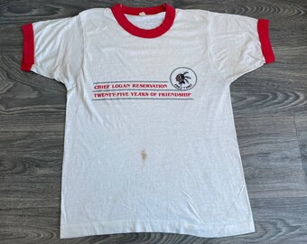 BSA Chef Logan T-shirt de réserve 1987 vintage Tshirt Ringer 25 ans d’amitié Boy Scouts of America Écran terrestre Sars USA Made Small
