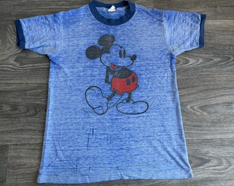 MICKEY MOUSE Ringer 80's Vintage Shirt/ Heather Blue Super Soft & Thin Threadbare Classic Tshirt Perfect Distressing Walt Disney UsA XS