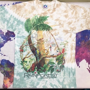熱帯雨林タイダイTシャツ ヴィンテージ 90年代 1991年 全面リキッドブルー 保護パラダイスシャツ マネーズツリー 鳥が地球を救う 滝 サイズ L