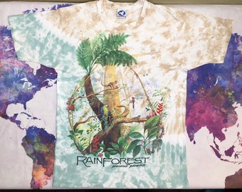 Maglietta vintage con stampa tie-dye Rainforest, anni '90, 1991, blu liquido, Preserve Paradise, Moneys Trees, Birds Save The Planet, Waterfall, taglia L