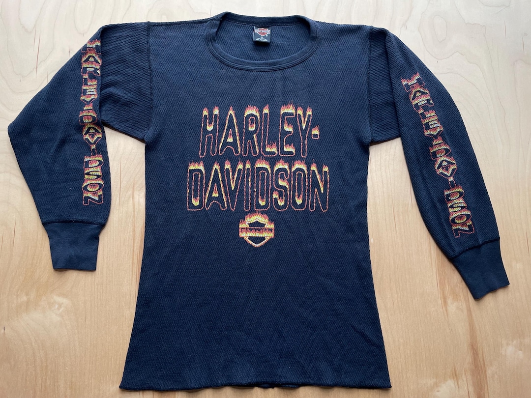 Harley Davidson in Flames Long Sleeve Shirt Thermal Vintage 90s St