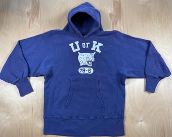 70s Champion Reverse Weave Hoodie U OF K Wildcats Kentucky UK One Color Tag 1978 Blue Scratch cotton gusset Size Medium