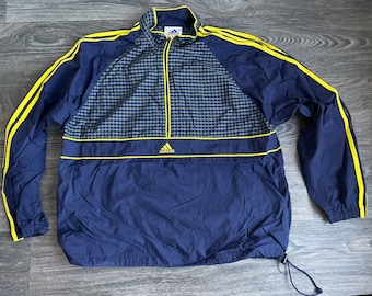 Adidas windbreaker 90s sport logo plaid checkered blue and gold 1/2 zip warm up 3 stripe sleeves Size XL