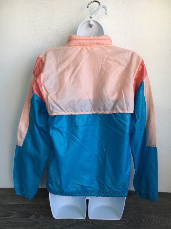 Vintage Adidas Windbreaker Jacket 80's/ Hooded Pink Blue Trefoil Warm Up Track Windrunner Nylon Half Zip Pullover Breakdance Women Medium