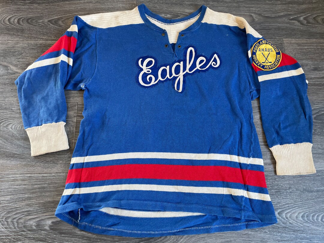 Game Worn Hockey Jersey Vintage 40s Eagles Portland Tackle Twill Sewn Minor Leauge Hockey A.H.A