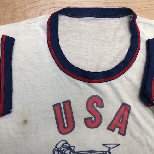 USA discount Cycling Team shirt 1970s soft and thin vintage tshirt NJ BC red white blue ringer tee