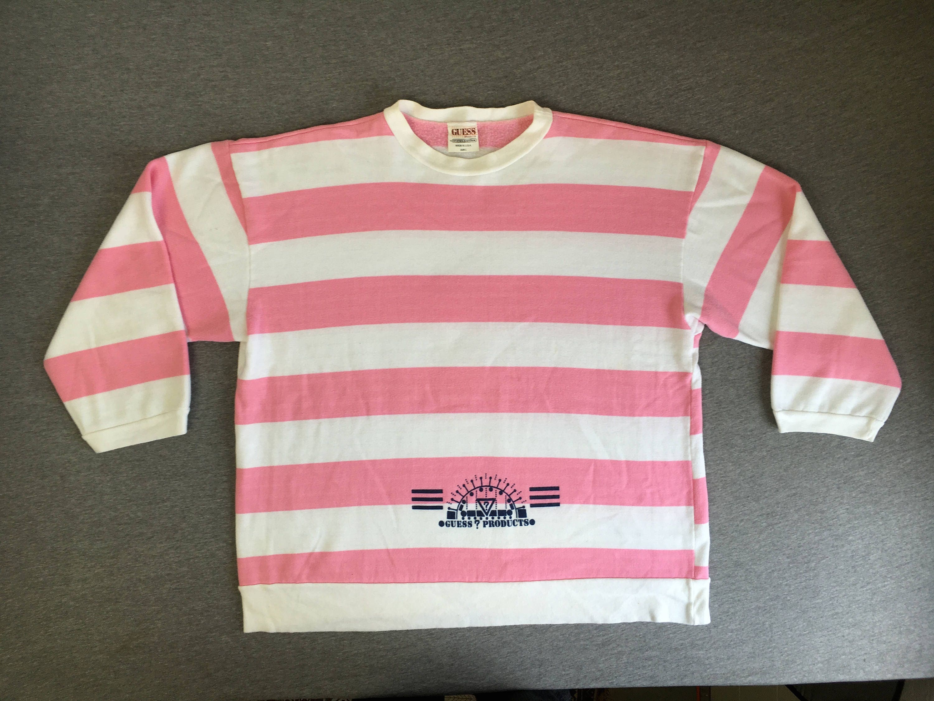 Guess Sweatshirt 1989 Vintage Pink Big Striped Sweater Jeans Oversized Marciano USA Genuine Product Fashion Comfy L Clothing Soft Hiphop