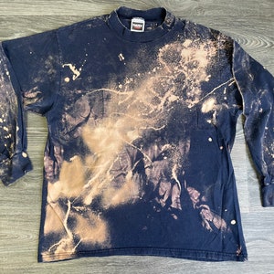 Vintage 80&#39;s Mock Neck Long Sleeve Shirt Custom Bleach Dyed Acid Wash Thick Cotton SOFT! Tultex USA Made L/XL