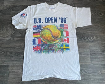 US Open Shirt 1996 Vintage Tennis Ball USTA Country Flags Huge Print USA Made Single Stitch Medium