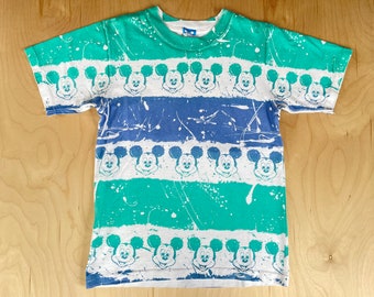Mickey Mouse Shirt 80's Vintage All Over Print AOP Tie Dye Pastel Cotton Tshirt Fun Splatter Walt Disney USA Made Size Small
