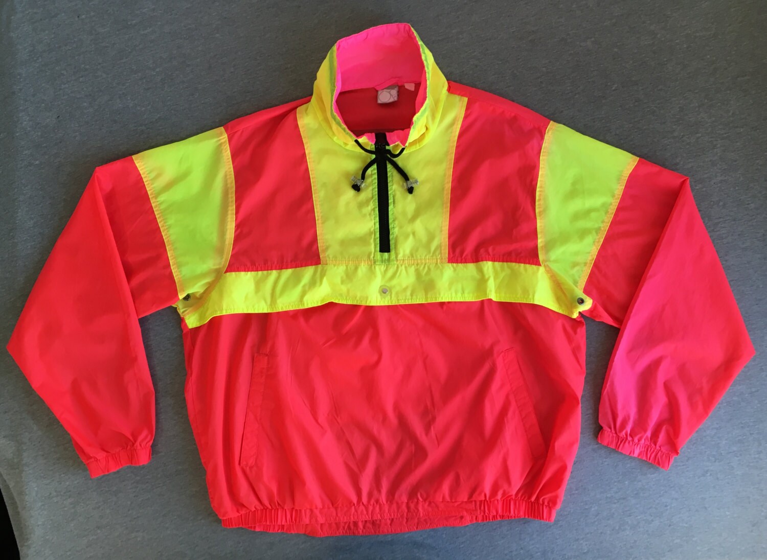 OCEAN PACIFIC Jacket 80s Vintage/ OP Windbreaker Neon Pink Orange Yellow  Colorblock Pullover/ 1/4 Zip Nylon Surf Beach 