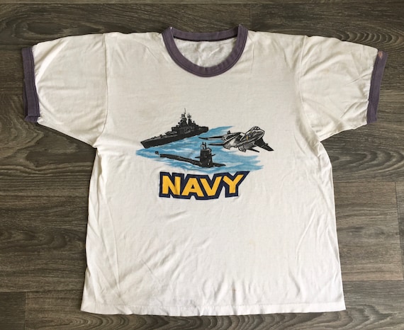 Navy Shirt 70s Vintage Ringer Soft Thin Cotton Military Tshirt USA 
