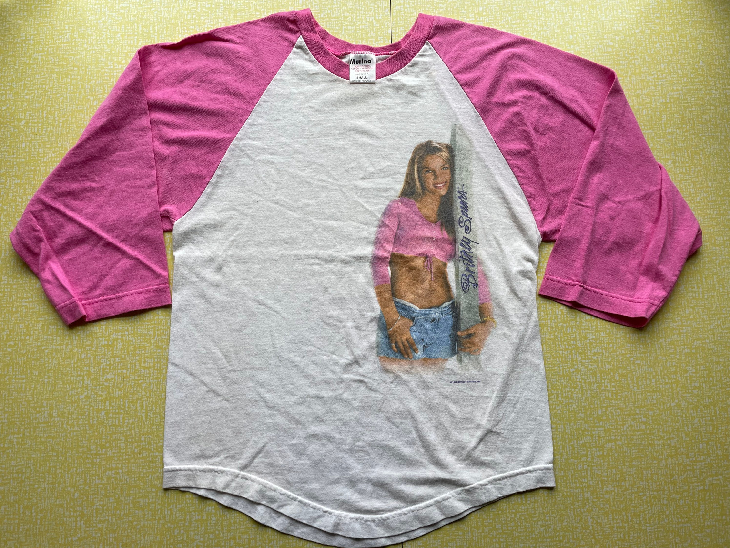 Britney Spears Shirt 1999 Vintage Raglan Baseball Jersey Tee ...Baby One More Time Tour Pink Sleeve USA Small