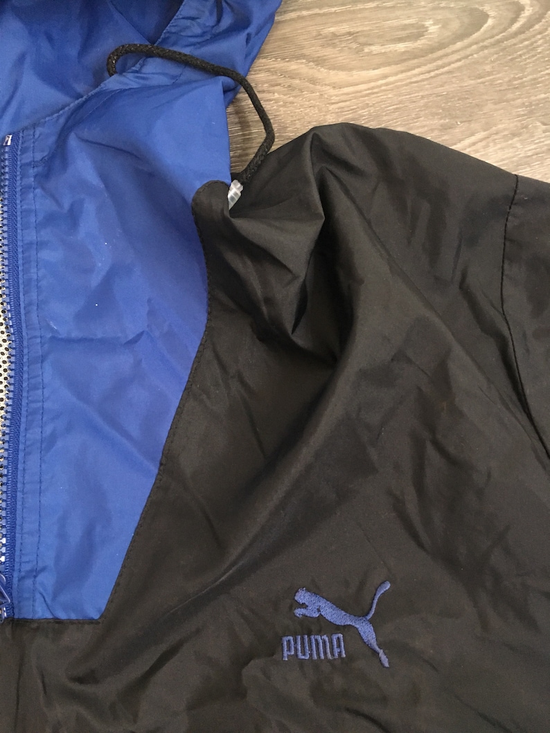 Puma Windbreaker Vintage Hooded Quarter Zip Jacket Black Blue Nylon Rare Running Workout Street Style Fashion Coat Large image 4