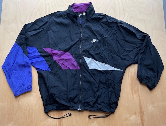 90's NIKE poly × nylon jacket Nike 1990s jacket nylon navy blue red hooded big logo swoosh