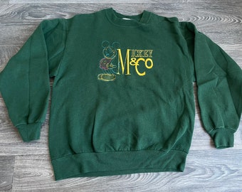 Sudadera de MICKEY MOUSE estilo vintage original de los 90 de Disney, con coloridas costuras, color verde, hecha en EE. UU., talla mediana. ¡Fantástica!