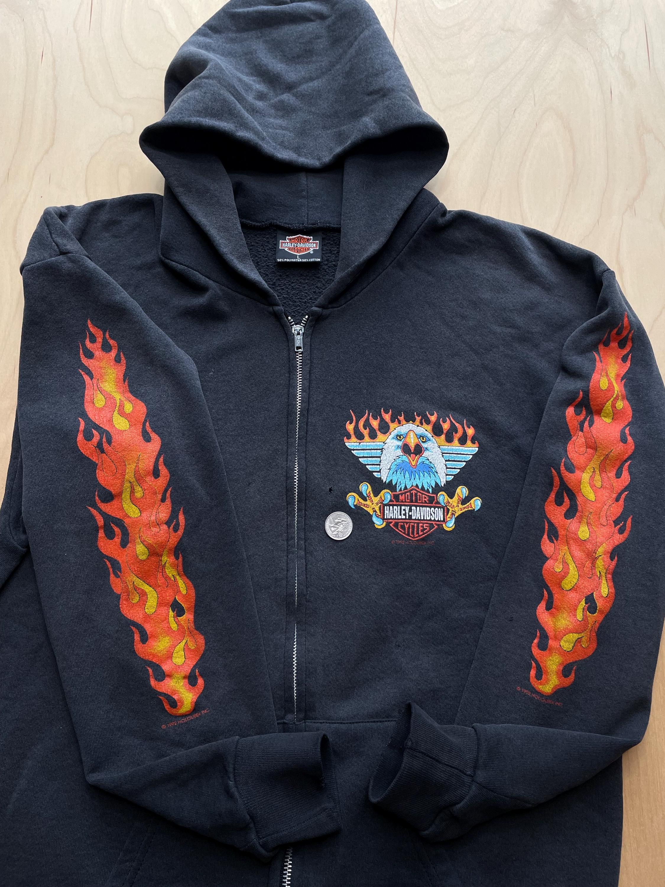 Harley Flames Hoodie Vintage 1992 Fire Sleeve Hit Eagle Graphic